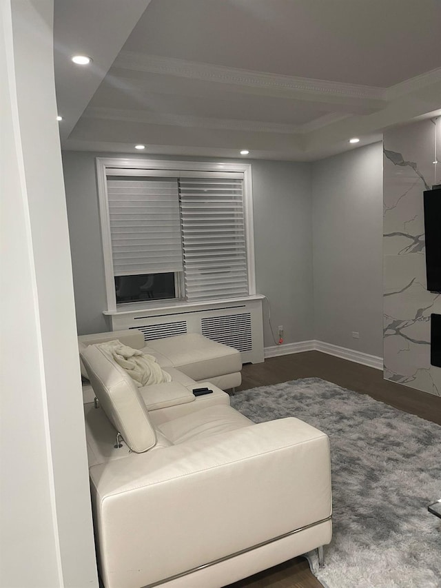 67-66 108th St Unit D5, Forest Hills, NY 11375 - living area featuring recessed lighting, a tray ceiling, baseboards, and radiator