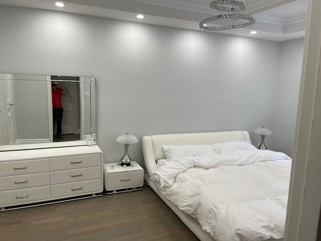 67-66 108th St Unit D5, Forest Hills, NY 11375 - bedroom with dark wood-style floors, recessed lighting, and ornamental molding