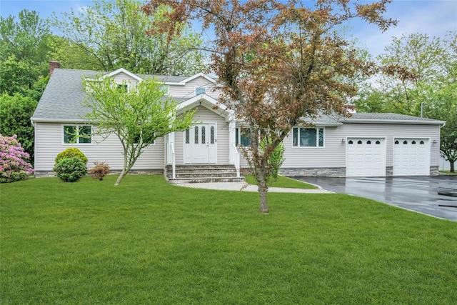 105 Browns Rd, Nesconset, NY 11767 - view of front of property with driveway, a chimney, an attached garage, a front lawn, and a shingled roof