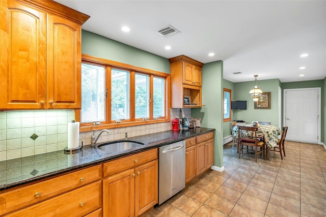 105 Browns Rd, Nesconset, NY 11767 - kitchen with a sink, dishwasher, backsplash, dark stone countertops, and baseboards