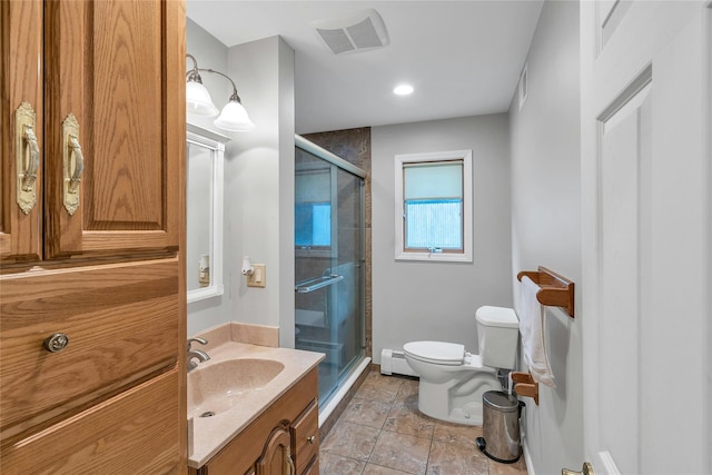 105 Browns Rd, Nesconset, NY 11767 - full bathroom featuring toilet, vanity, a shower stall, and a baseboard radiator