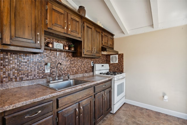 244 Laverne Ave, Holbrook, NY 11741 - kitchen featuring white gas range, a sink, decorative backsplash, baseboards, and under cabinet range hood