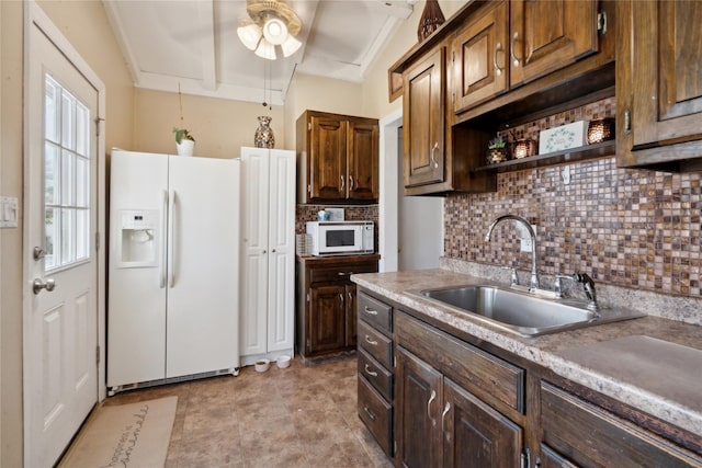 244 Laverne Ave, Holbrook, NY 11741 - kitchen featuring white appliances, a sink, decorative backsplash, open shelves, and ceiling fan