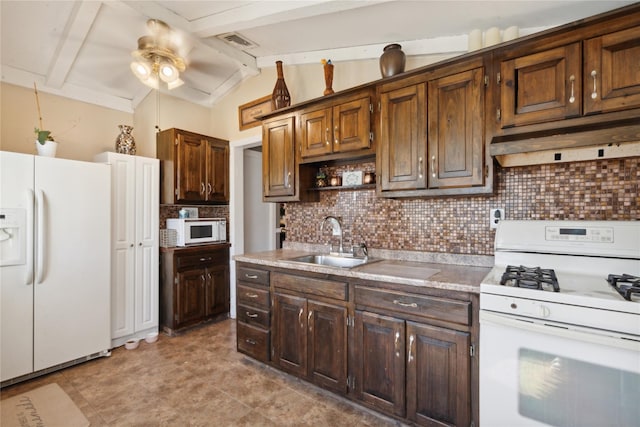 244 Laverne Ave, Holbrook, NY 11741 - kitchen with white appliances, under cabinet range hood, a sink, backsplash, and a ceiling fan