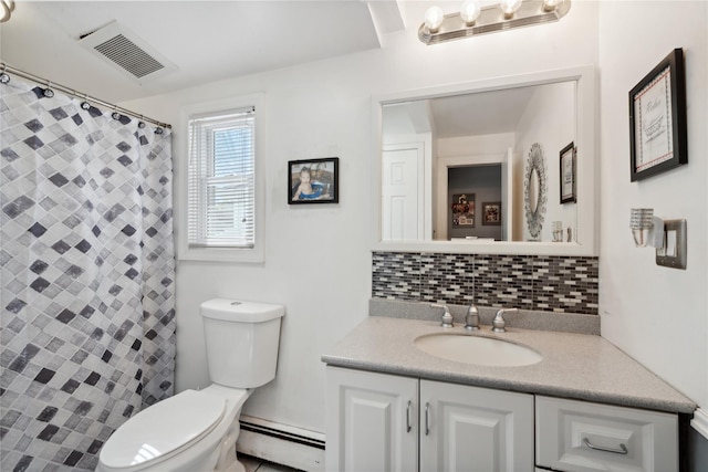 244 Laverne Ave, Holbrook, NY 11741 - full bathroom with a baseboard radiator, toilet, backsplash, vanity, and curtained shower