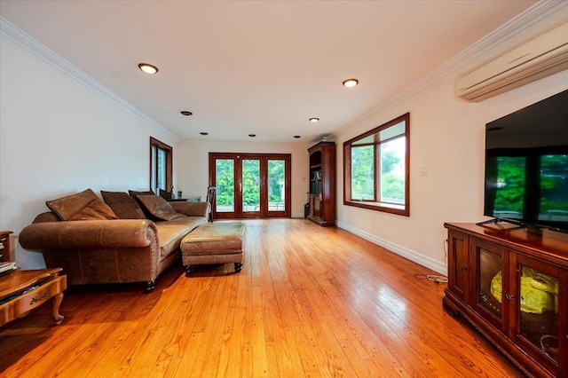 136 Linden St, Woodmere, NY 11598 - living room with a wall unit AC, light wood-style floors, crown molding, baseboards, and recessed lighting