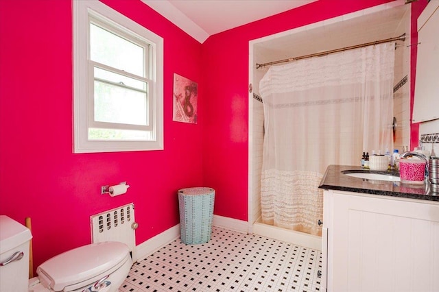 136 Linden St, Woodmere, NY 11598 - full bath with toilet, radiator heating unit, vanity, a shower with curtain, and baseboards