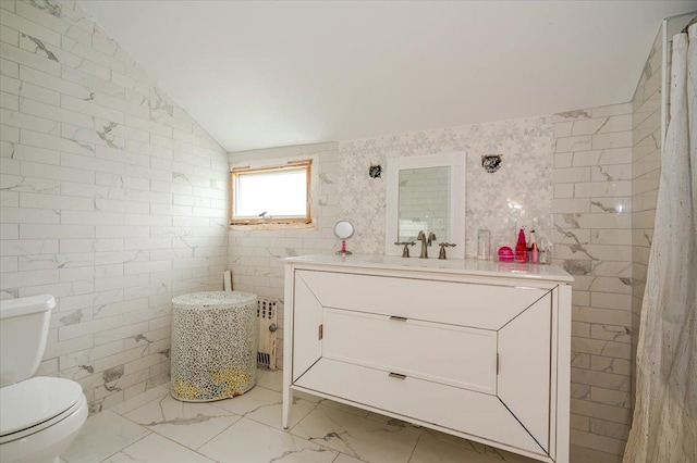 136 Linden St, Woodmere, NY 11598 - bathroom featuring toilet, radiator, vanity, marble finish floors, and lofted ceiling