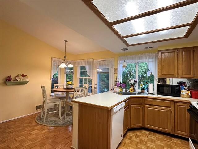 5 Baldwin Ct, Ridge, NY 11961 - kitchen featuring dishwasher, black microwave, a sink, a peninsula, and light countertops