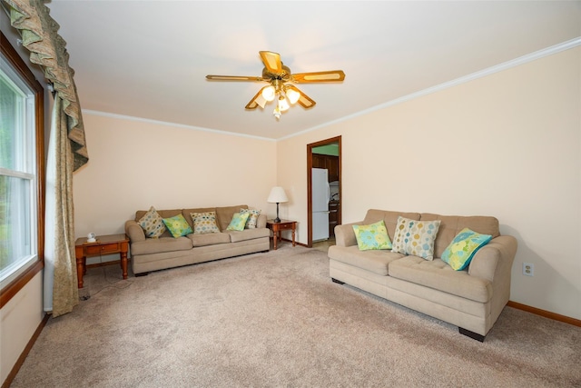 7 Sycamore Dr, Hyde Park, NY 12538 - living room featuring carpet floors, ornamental molding, baseboards, and ceiling fan