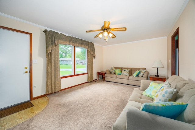 7 Sycamore Dr, Hyde Park, NY 12538 - living room featuring ornamental molding, baseboards, a ceiling fan, and carpet flooring