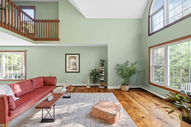 1401 State Route 28a, Hurley, NY 12491 - living area with high vaulted ceiling, hardwood / wood-style floors, baseboards, and baseboard heating