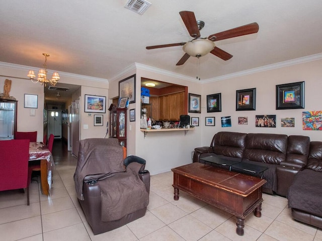 105 Surf Dr Unit 25, Bronx, NY 10473 - tiled living area with a chandelier, crown molding, and a ceiling fan
