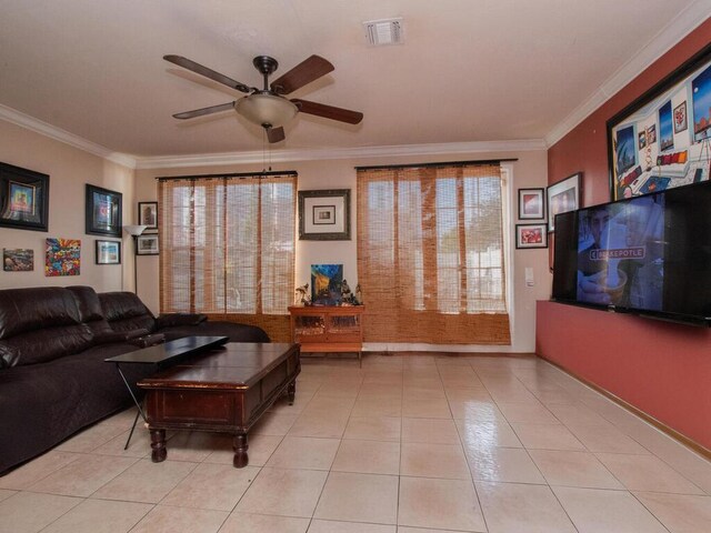 105 Surf Dr Unit 25, Bronx, NY 10473 - living room featuring ceiling fan, crown molding, and light tile patterned floors