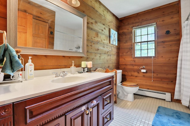 33 Greentree Dr N, Hyde Park, NY 12538 - full bath featuring a baseboard radiator, vanity, toilet, wooden walls, and tile patterned flooring