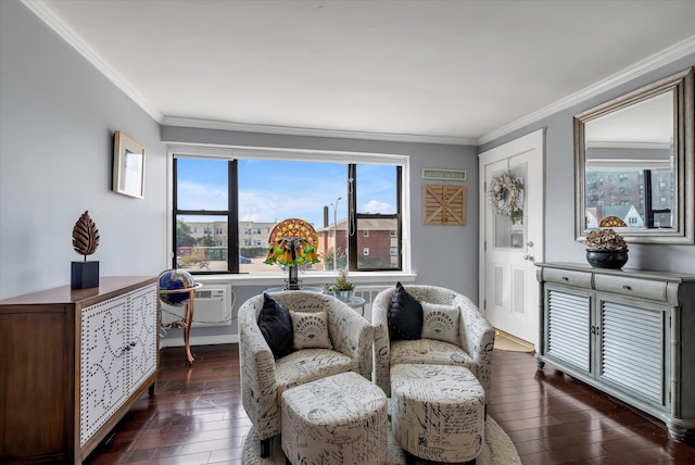 333 E Broadway Unit 1D, Long Beach, NY 11561 - living area featuring dark wood finished floors, crown molding, and a wall mounted AC