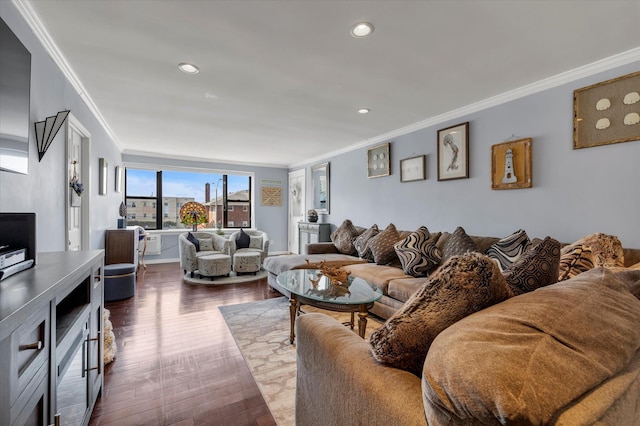 333 E Broadway Unit 1D, Long Beach, NY 11561 - living room with crown molding, dark wood finished floors, and recessed lighting