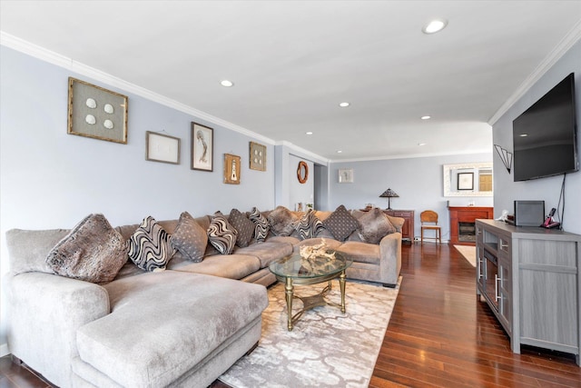 333 E Broadway Unit 1D, Long Beach, NY 11561 - living room with recessed lighting, dark wood-type flooring, and crown molding