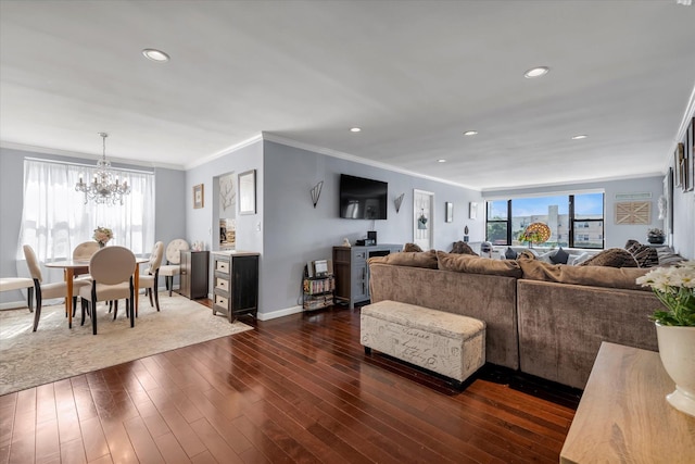 333 E Broadway Unit 1D, Long Beach, NY 11561 - living room featuring a chandelier, ornamental molding, plenty of natural light, dark wood-style floors, and recessed lighting