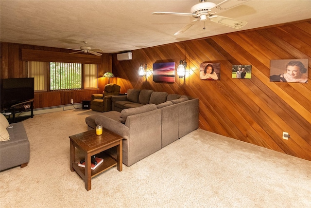 26 Stacey Dr, Monticello, NY 12701 - carpeted living area with ceiling fan, an AC wall unit, wood walls, and a baseboard radiator