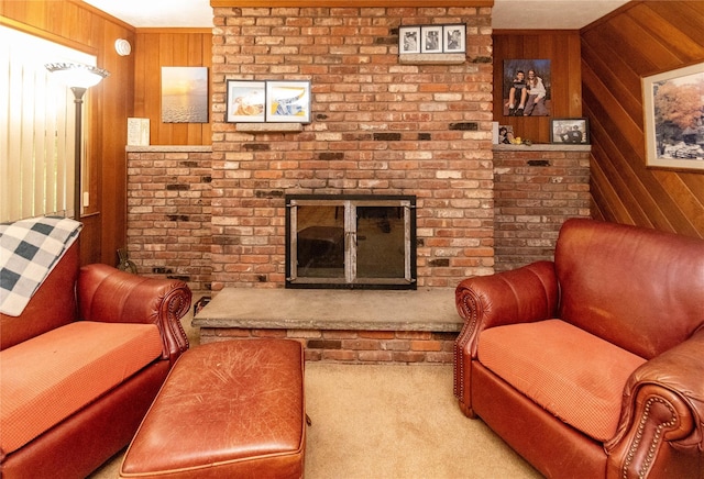26 Stacey Dr, Monticello, NY 12701 - living room featuring wood walls, carpet floors, and a brick fireplace