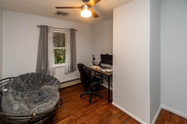 26 Stacey Dr, Monticello, NY 12701 - office area featuring baseboard heating, wood finished floors, ceiling fan, and baseboards