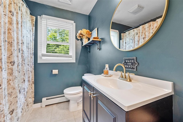 65 Awosting Rd, Pine Bush, NY 12566 - bathroom with baseboard heating, vanity, tile patterned floors, toilet, and baseboards