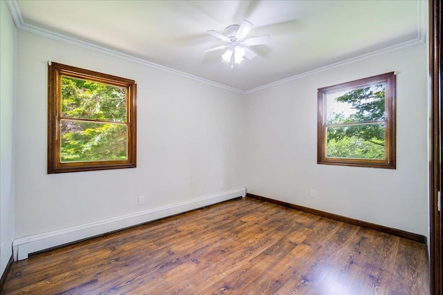 665 State Route 94 N, Warwick, NY 10990 - unfurnished room featuring baseboard heating, baseboards, dark wood-style flooring, ceiling fan, and crown molding