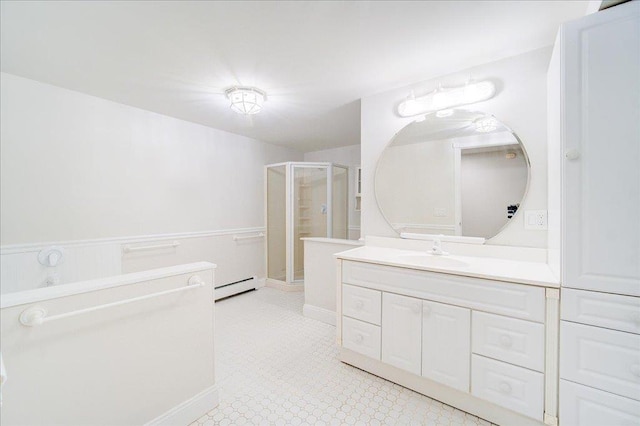 665 State Route 94 N, Warwick, NY 10990 - full bath with a shower stall, a baseboard radiator, vanity, and tile patterned floors