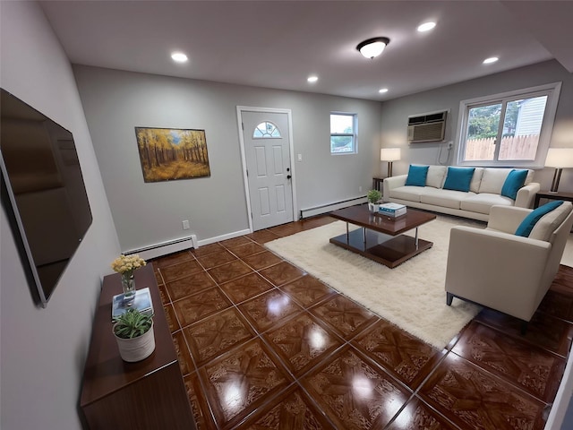 19 Leaf Ave, Central Islip, NY 11722 - tiled living room featuring a baseboard heating unit, an AC wall unit, healthy amount of natural light, and recessed lighting