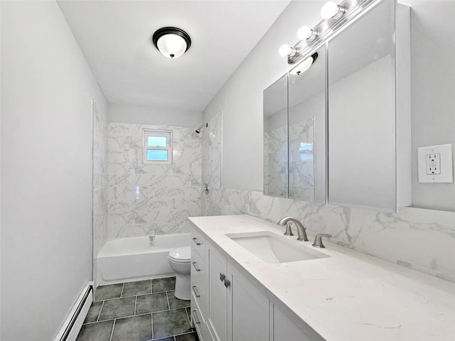 19 Leaf Ave, Central Islip, NY 11722 - full bathroom with vanity, toilet, baseboard heating, bathing tub / shower combination, and tile patterned floors