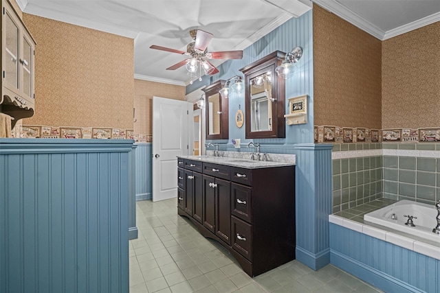 203 Highland Ave, Middletown, NY 10940 - full bath with wallpapered walls, tile patterned flooring, double vanity, ceiling fan, and a bath