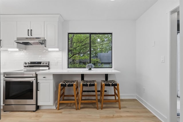 348 Heritage Hls Unit A, Somers, NY 10589 - kitchen featuring electric stove, under cabinet range hood, light wood-style floors, backsplash, and white cabinets