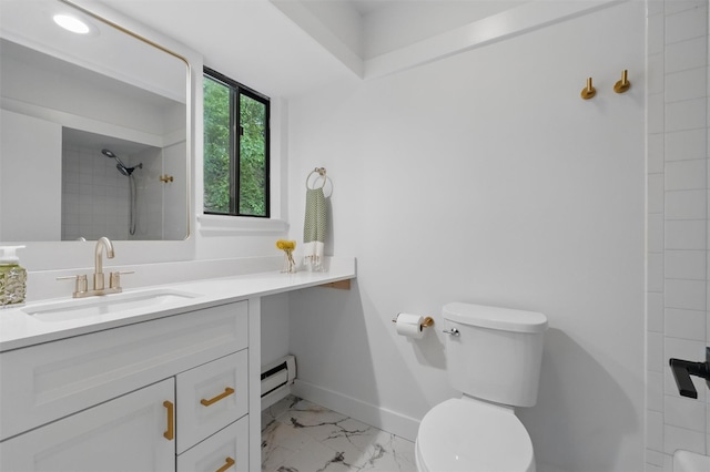 348 Heritage Hls Unit A, Somers, NY 10589 - bathroom with toilet, vanity, baseboards, a shower, and marble finish floors