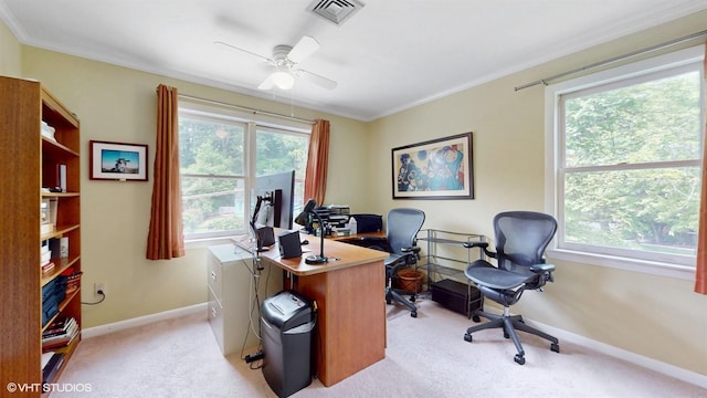 50 Snowden Ave, Ossining, NY 10562 - home office with light carpet, a ceiling fan, baseboards, healthy amount of natural light, and crown molding