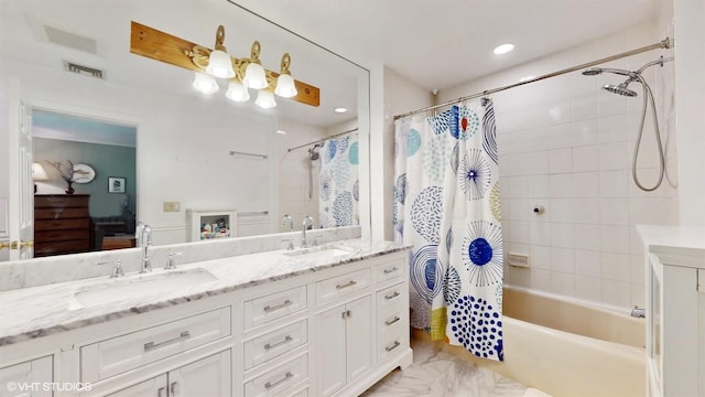 50 Snowden Ave, Ossining, NY 10562 - full bathroom featuring double vanity, shower / bath combination with curtain, and marble finish floors