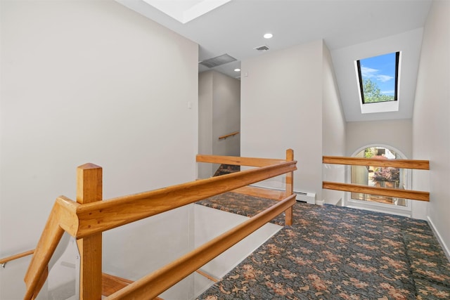 6 Chippewa Ct, Suffern, NY 10901 - staircase with a skylight, recessed lighting, a baseboard radiator, carpet floors, and baseboards