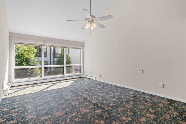 6 Chippewa Ct, Suffern, NY 10901 - empty room featuring carpet floors, a ceiling fan, vaulted ceiling, baseboard heating, and baseboards