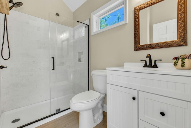 312 5th Ave, Greenport, NY 11944 - bathroom featuring toilet, a shower stall, vanity, wood finished floors, and lofted ceiling