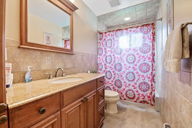 12 Midwood Pl, Farmingville, NY 11738 - full bath with tile walls, vanity, toilet, tile patterned flooring, and shower / bath combination with curtain