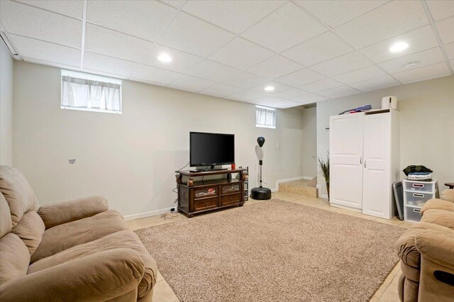 12 Midwood Pl, Farmingville, NY 11738 - living room featuring a paneled ceiling, recessed lighting, baseboards, and light tile patterned flooring