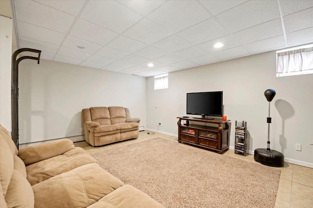 12 Midwood Pl, Farmingville, NY 11738 - living room with tile patterned floors, recessed lighting, baseboards, a drop ceiling, and a baseboard heating unit