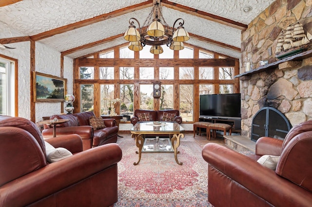 living room featuring high vaulted ceiling, beamed ceiling, and a fireplace