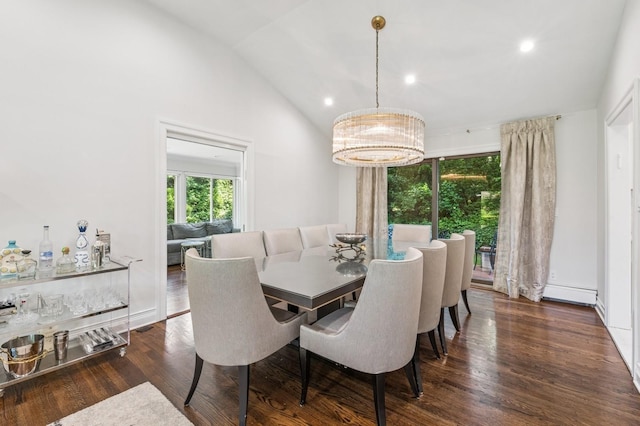 18 Woodcrest Rd, Kings Point, NY 11024 - dining space with lofted ceiling, dark wood-style floors, a chandelier, and recessed lighting