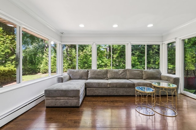 18 Woodcrest Rd, Kings Point, NY 11024 - sunroom with a baseboard radiator, crown molding, wood finished floors, and recessed lighting