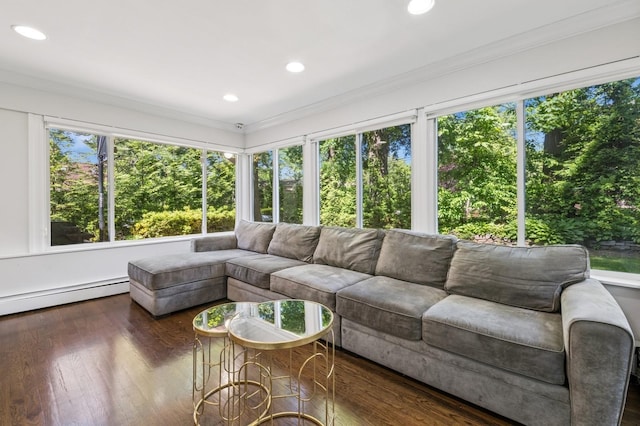 18 Woodcrest Rd, Kings Point, NY 11024 - sunroom / solarium featuring ornamental molding, wood finished floors, a baseboard heating unit, and recessed lighting