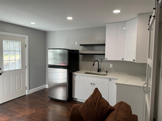158 Parrott Rd, West Nyack, NY 10994 - kitchen with freestanding refrigerator, a sink, open shelves, decorative backsplash, and dark wood-style flooring