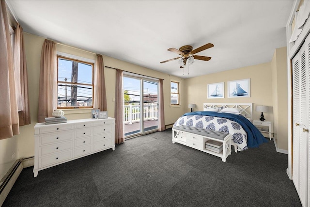 0 Cross Bay Blvd, Broad Channel, NY 11693 - bedroom with access to exterior, a baseboard radiator, dark carpet, and ceiling fan