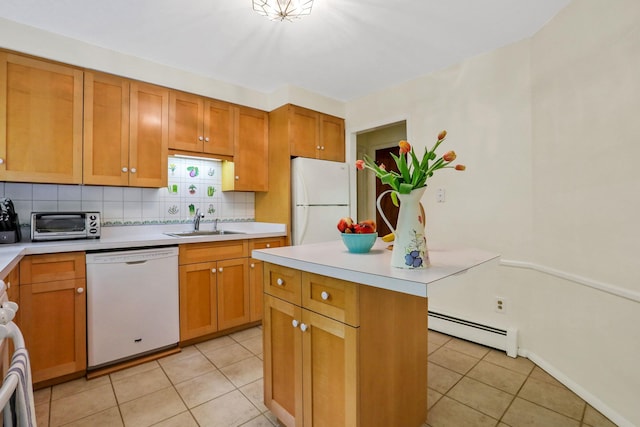 512 Watson Woods Rd, Woodstock, NY 12498 - kitchen with white appliances, baseboard heating, a sink, backsplash, and light countertops