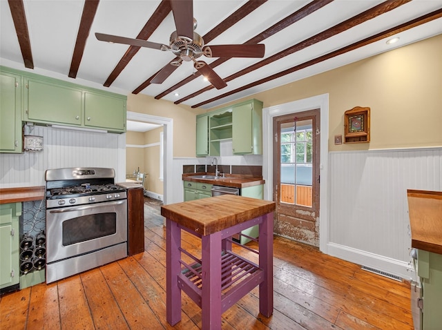 31 Hudson Ave, Stony Point, NY 10980 - kitchen with appliances with stainless steel finishes, green cabinetry, open shelves, ceiling fan, and beam ceiling